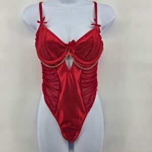 Sexy Red Satin Mesh Chain Teddy Bodysuit‎ Lingerie Womens Small